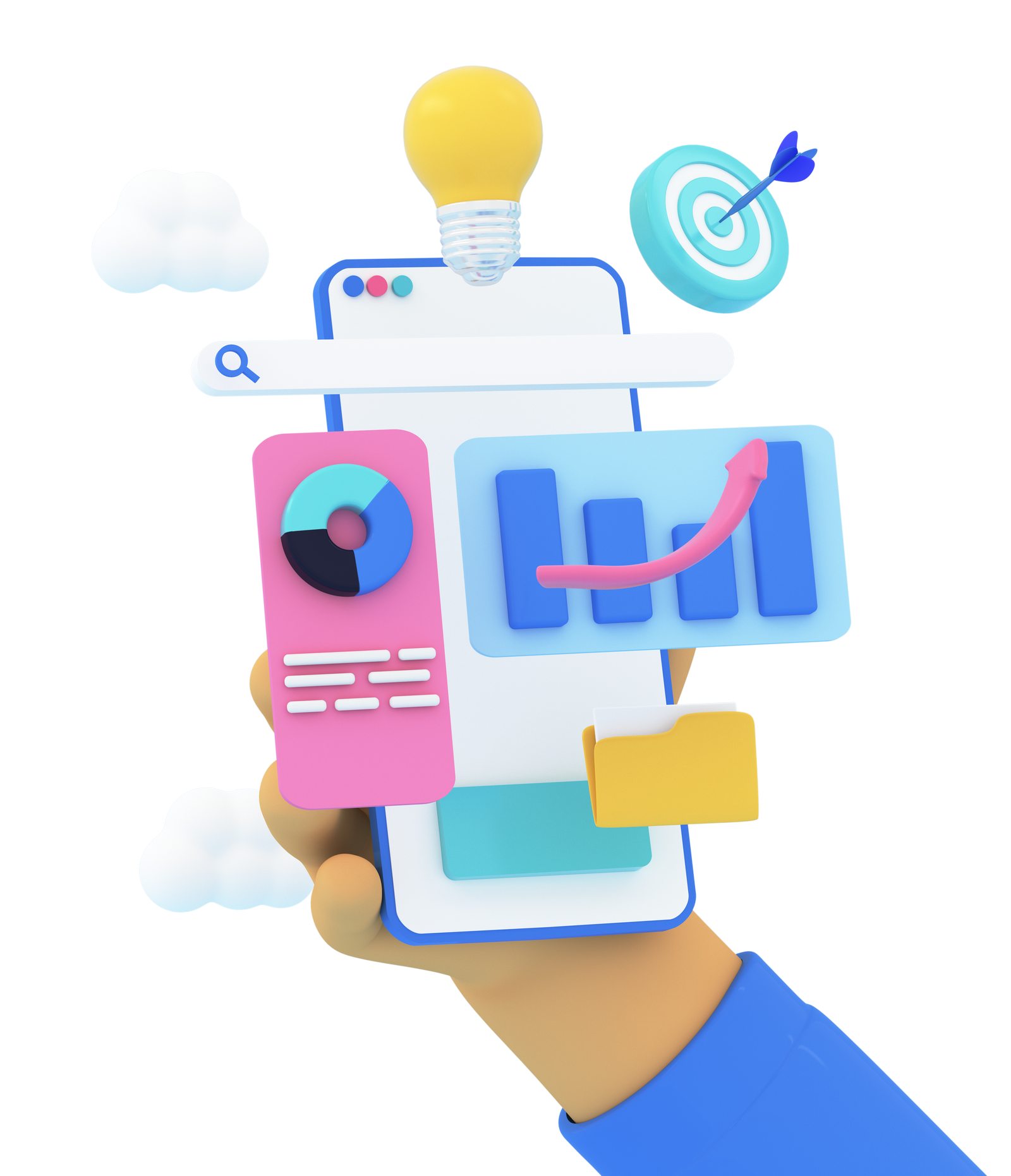 hand holding phone with 3d marketing iconography poppin gout