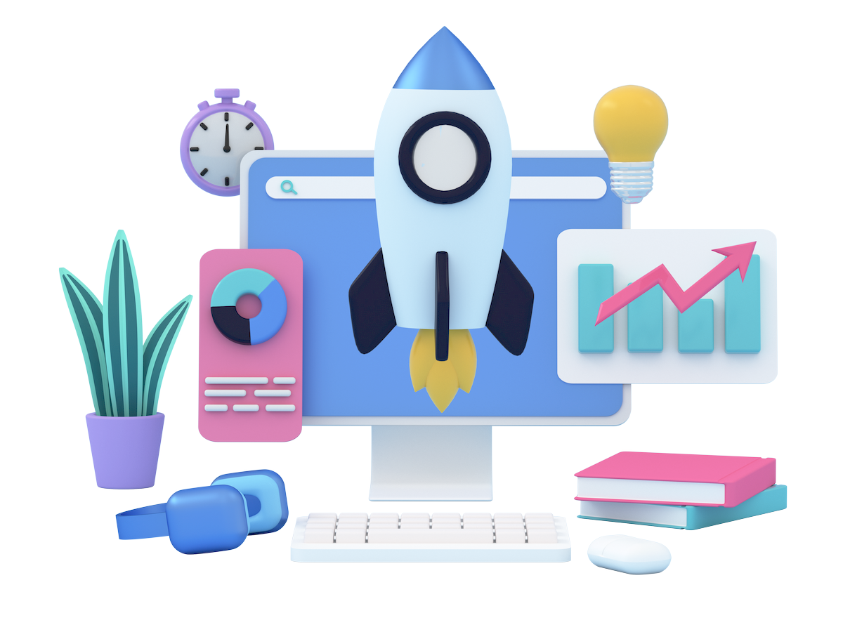 A 3d rendered image of different stats and facets to effective marketing; including brainstorming and time management