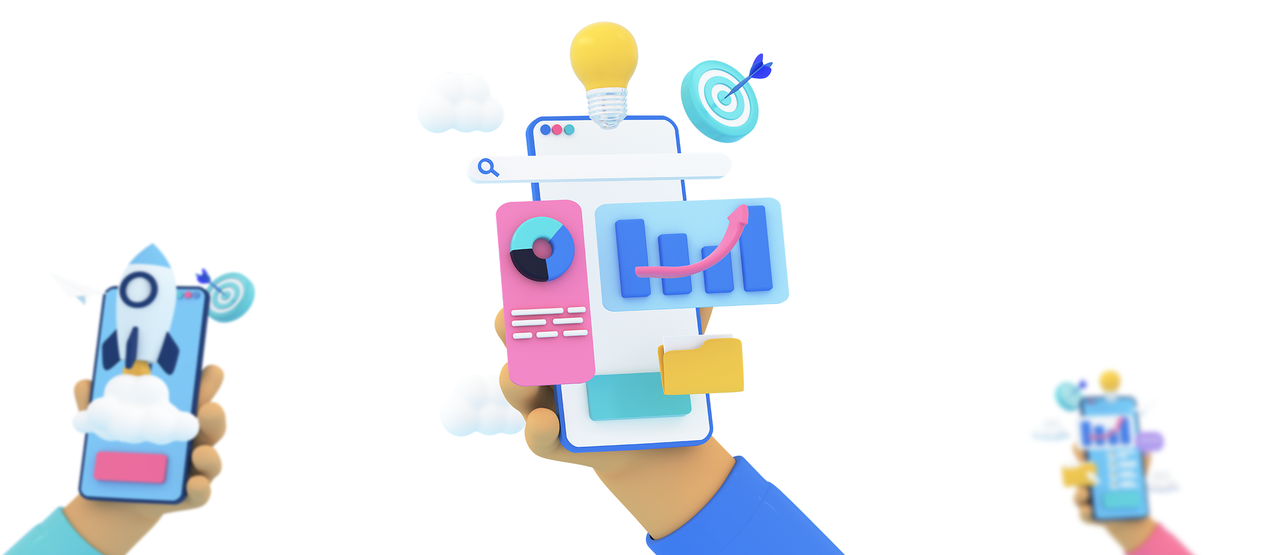 3D rendered hands holding  phones with icons popping out representing our marketing disciplines